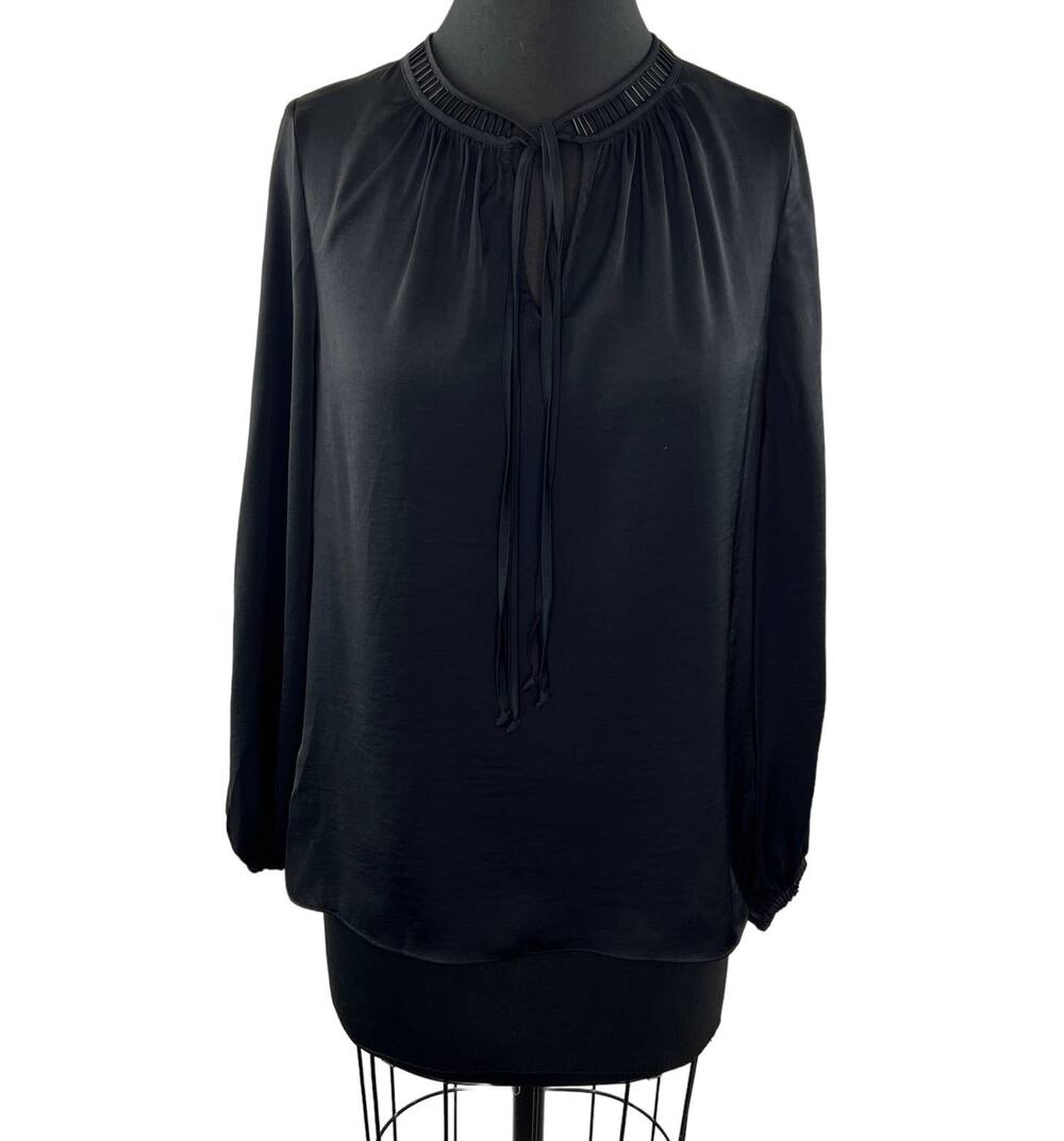 Kobi Halperin Black Cassandra Tiered Crinkle Blouse Tie Neck Long Sleeve XS
